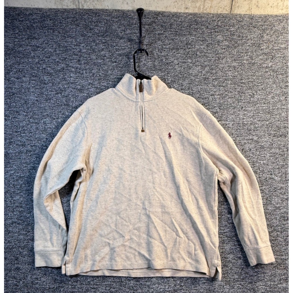 Polo Ralph Lauren Mens Large Oatmeal Heather Beige Quarter Zip Cotton Pullover